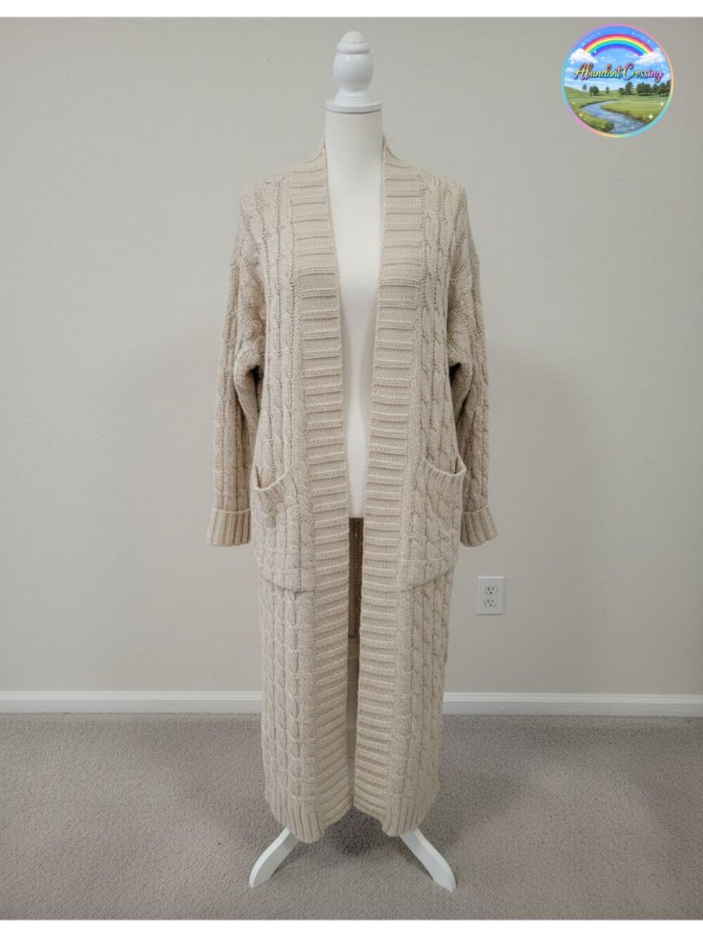 Womens Cable Knit Chunky Open Front Long Maxi Cardigan with Pockets